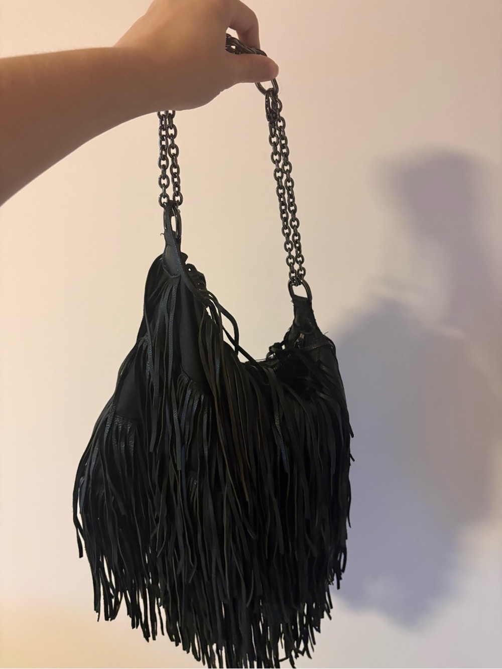 Monserat De Lucca Black Fringe Shoulder Bag with Chain Strap